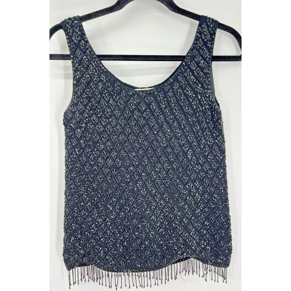 1950s VINTAGE bead black top CREATIONS HARILELAS Lambswool Beaded Tank 34